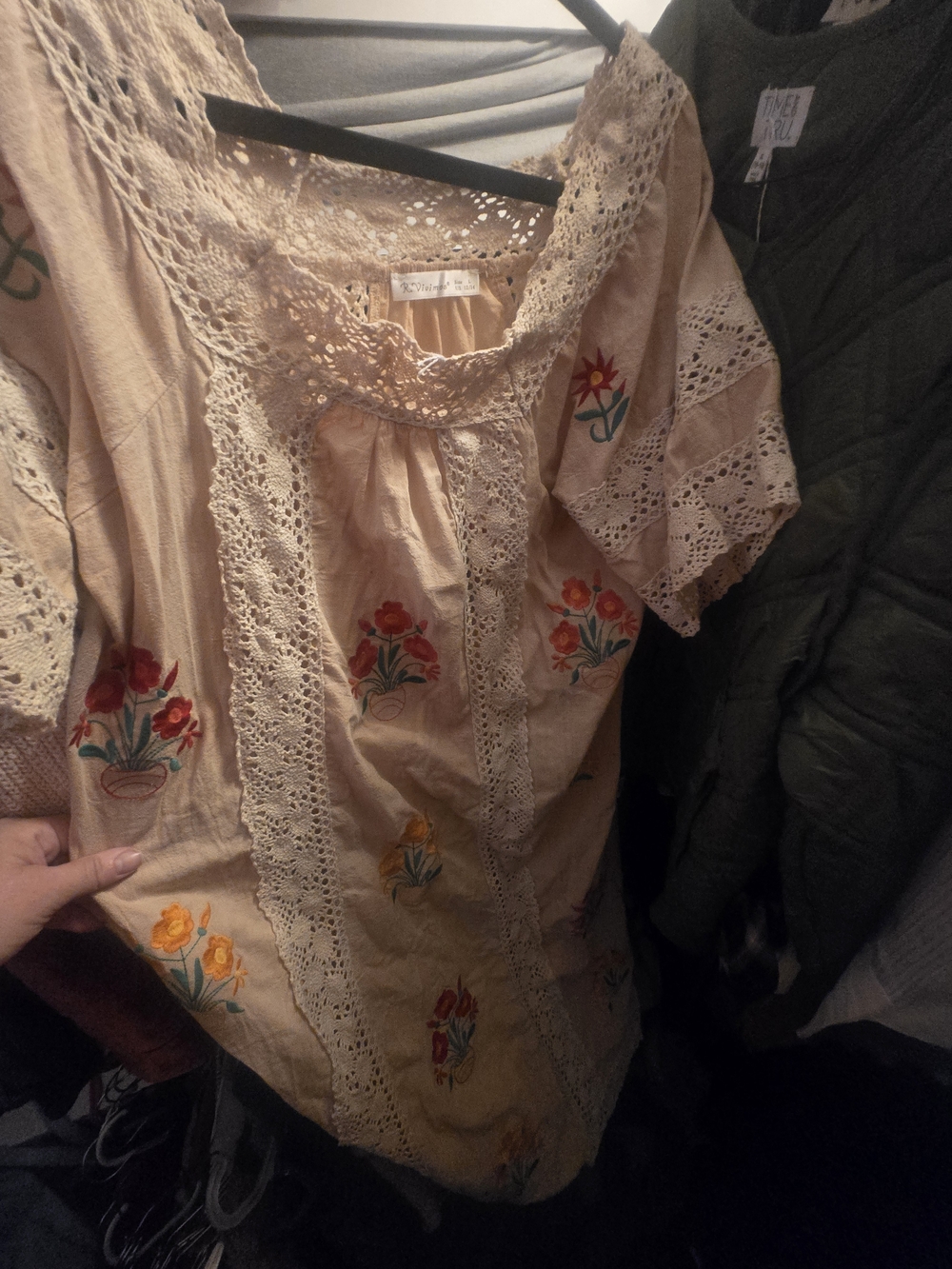 Embroidered Boho Peasant Dress In Light Tan with Floral Accents
